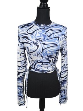 SHEIN Blue & White Marble-Print Long Sleeve Tie-Side Top